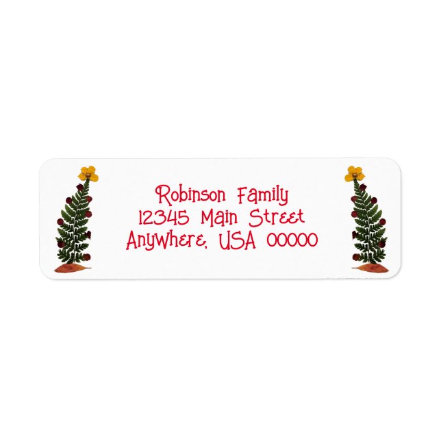 Yellow Dried Press Flower Christmas Tree Return Address Label (Front)