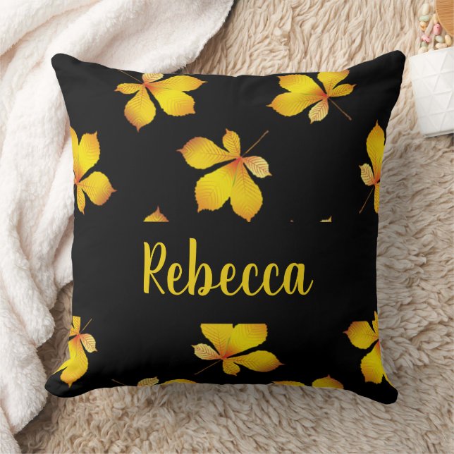 Yellow dry leaves custom name black cushion (Blanket)