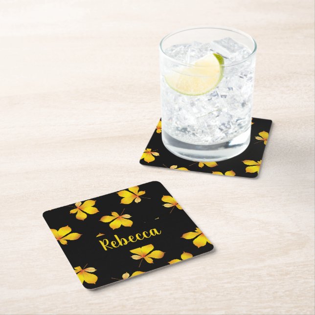 Yellow dry leaves custom name black square paper coaster (Insitu)