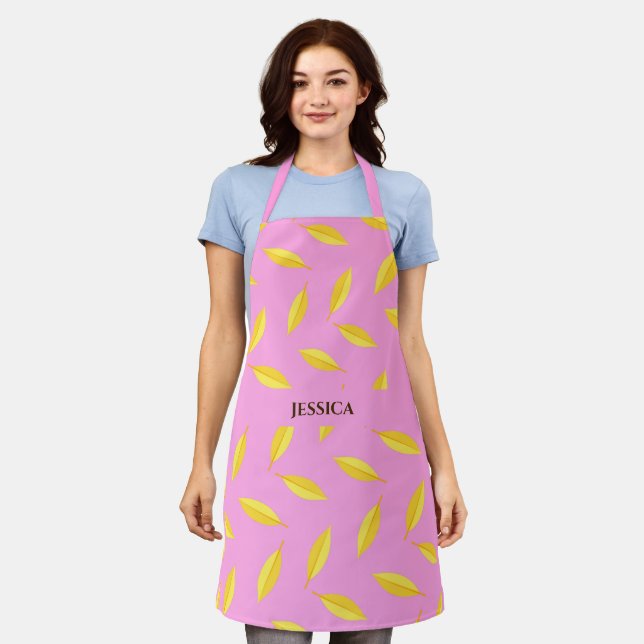 Yellow dry leaves custom name pink apron (Worn)