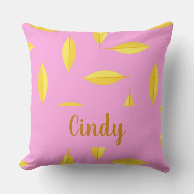 Yellow dry leaves custom name pink cushion (Front)