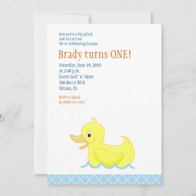 Yellow Duck 5x7 Birthday Invitation (Front)