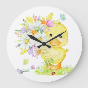 Yellow Duck And Bouquet Large Clock