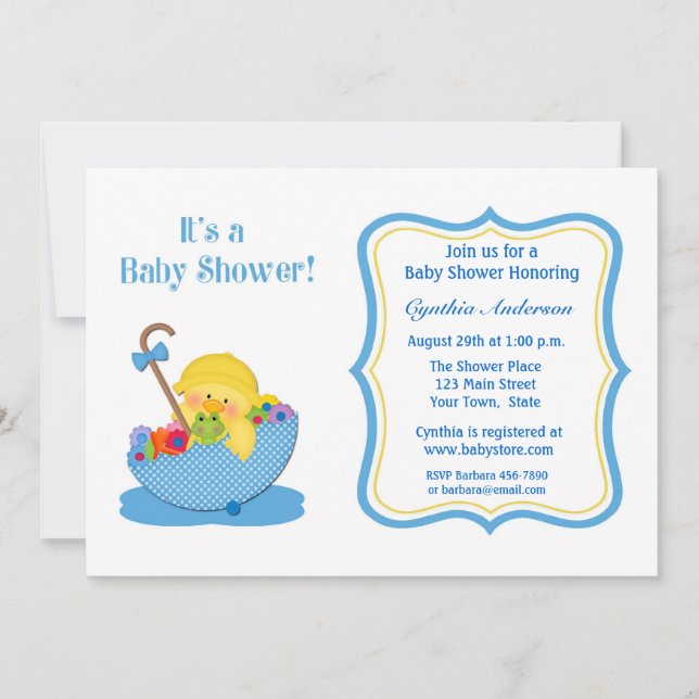 Yellow Duck, Blue Umbrella Baby Shower Invitation (Front)