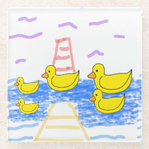 Yellow Duck Family Red Lighthouse Yellow Pier  Glass Coaster