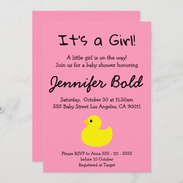 Yellow Duck Girl Baby Shower Invitation (Front/Back)