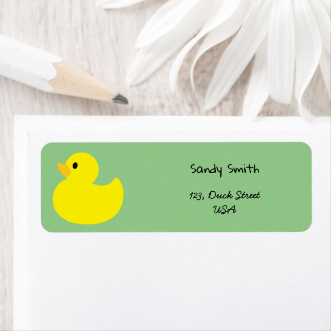 Yellow Duck, green Colour Return Address Label (Insitu)
