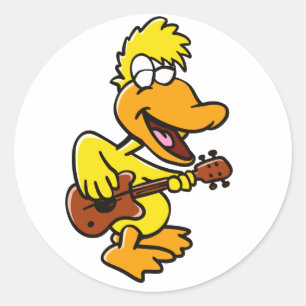 Yellow duck playing guitar choose back colour classic round sticker