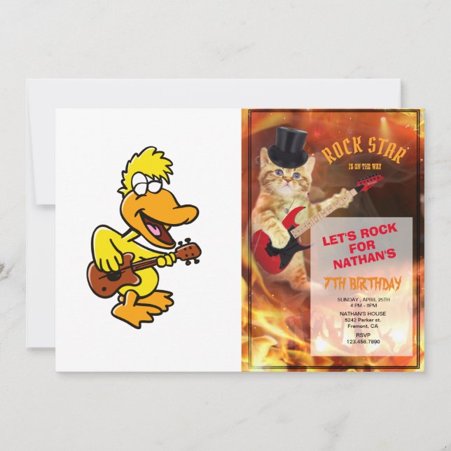 Yellow duck playing guitar | choose back colour invitation (Front)