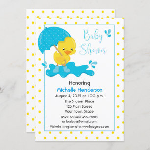 Yellow Duck, Umbrella and Polka Dots Baby Shower Invitation