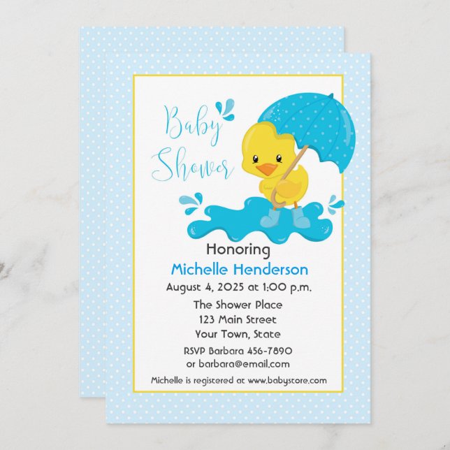 Yellow Duck, Umbrella, Blue Polka Dots Baby Shower Invitation (Front/Back)