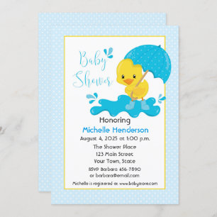 Yellow Duck, Umbrella, Blue Polka Dots Baby Shower Invitation