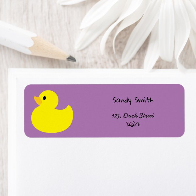 Yellow Duck, violet Colour Return Address Label (Insitu)
