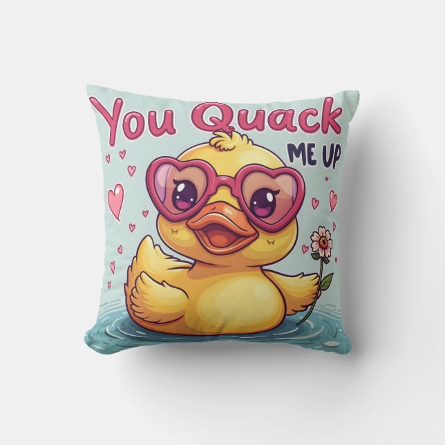 Yellow Duck with Heart Glasses 'You Quack Me Up'   Cushion (Front)