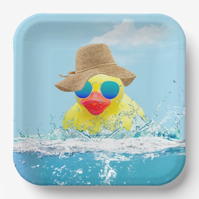 Yellow Duck with Sunglasses In Water Paper Plate (Front)