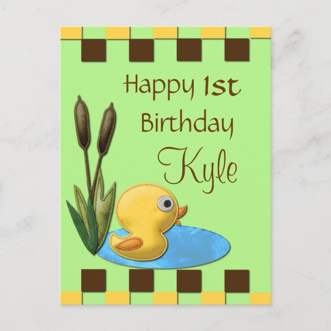 Yellow Duckie, Pond & Cattails 1st Birthday Postcard (Front)
