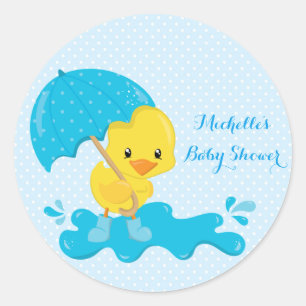 Yellow Duckling with Blue Umbrella and Polka Dots Classic Round Sticker