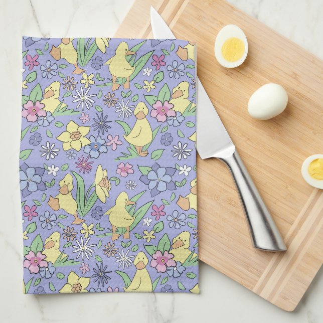 Yellow Ducklings Colourful Flowers Purple Spring Tea Towel (Quarter Fold)