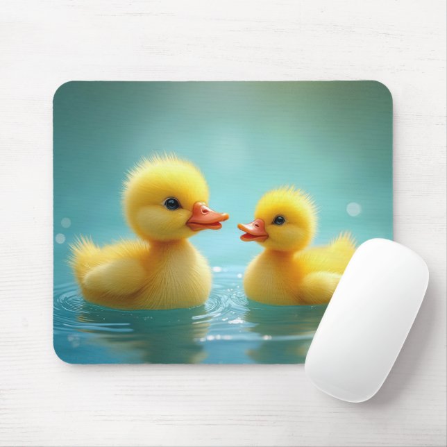 Yellow Ducklings Swimming On Blue Water Mouse Pad (With Mouse)