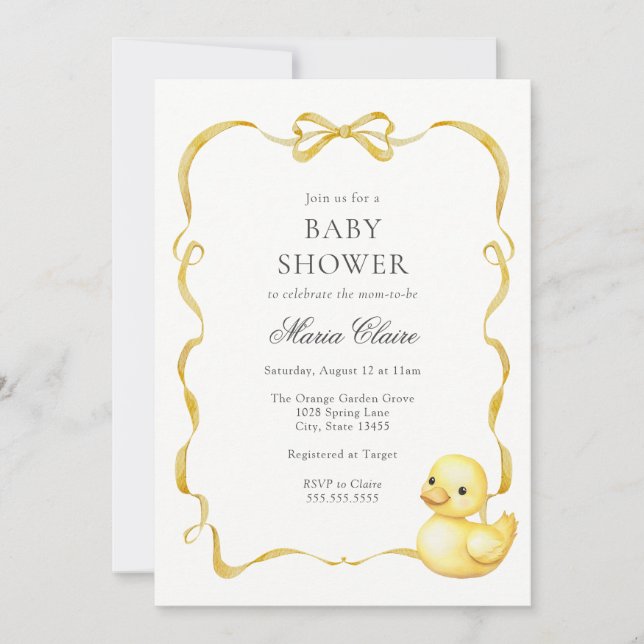 Yellow Ducky and Ribbons Baby Shower Invitation (Front)