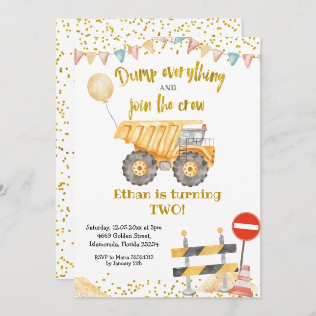 Yellow Dump Truck Boy Birthday Party Invitation (Front/Back)