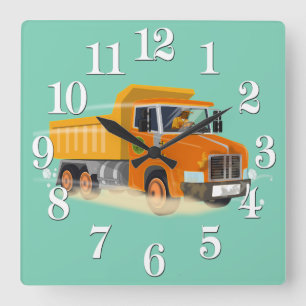 Yellow Dump Truck Cartoon for Kids Square Wall Clock