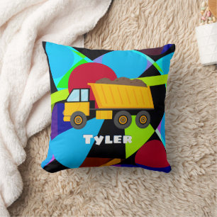 Yellow Dump Truck, Geometric Shapes, Child's Name Cushion
