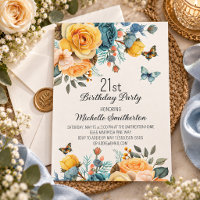 Yellow Dusty Blue Roses Butterflies 21st Birthday
