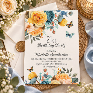 Yellow Dusty Blue Roses Butterflies 21st Birthday Invitation