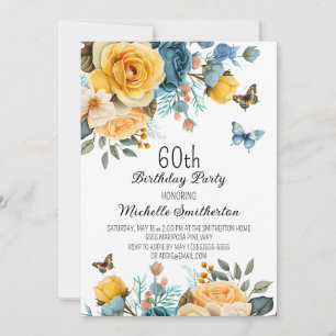 Yellow Dusty Blue Roses Butterflies 60th Birthday Invitation