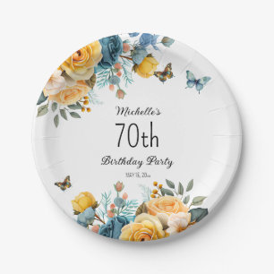 Yellow Dusty Blue Roses Butterflies 70th Birthday Paper Plate