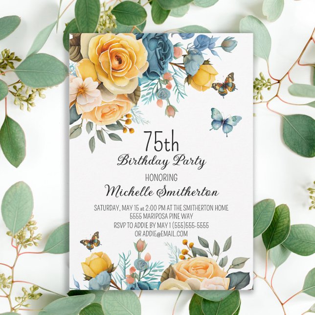 Yellow Dusty Blue Roses Butterflies 75th Birthday Invitation (Mustard yellow and dusty blue floral 75th birthday party invitation for women.)