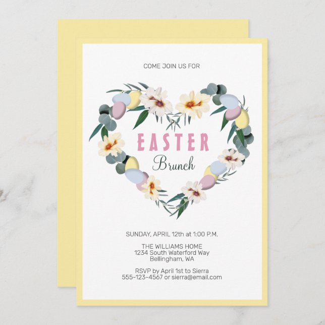 Yellow Easter Eggs Flowers Heart Wreath Brunch Invitation (Front/Back)