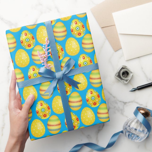 Yellow Easter Eggs On Aqua Wrapping Paper (Gifting)
