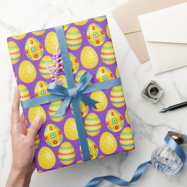 Yellow Easter Eggs On Purple Wrapping Paper (Gifting)