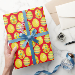 Yellow Easter Eggs On Red Wrapping Paper