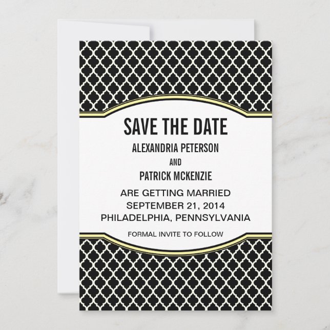 Yellow Elegant Quatrefoil Save the Date Invite (Front)