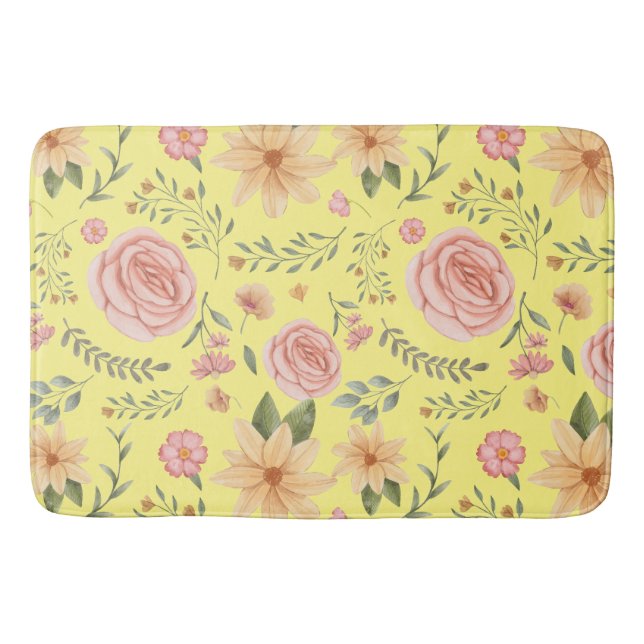Yellow Elegant Vintage Wildflower Pattern  Bath Mat (Front)