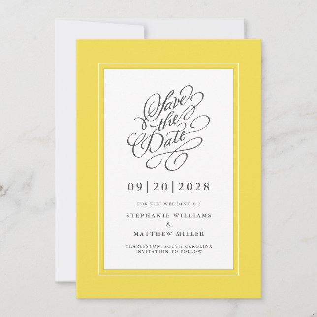 Yellow Elegant Wedding Calligraphy Script Chic Save The Date (Front)