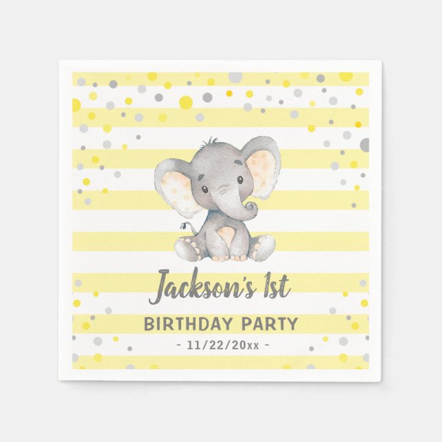 Yellow Elephant 1st Birthday Little Peanut Party Napkin (Front)