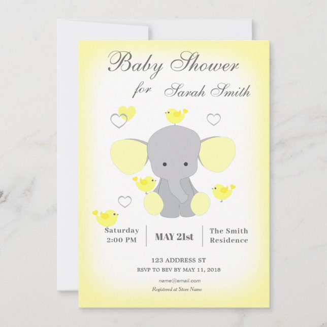 Yellow Elephant Baby Boy Girl Shower Invitation  (Front)