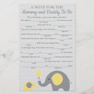 Yellow Elephant Baby Shower Advice Game Cards