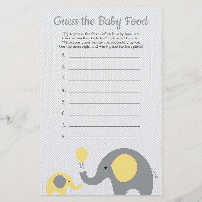 Yellow Elephant Baby Shower Guess Baby Food Game Flyer (Front)