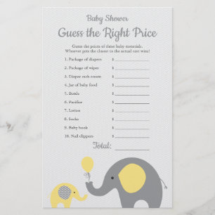 Yellow Elephant Baby Shower Price is Right Game Flyer