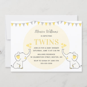 Yellow Elephant Baby Shower   Twins Baby Shower Invitation