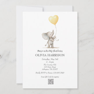 Yellow Elephant Balloon Baby Shower Invitation