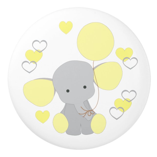 Yellow Elephant Balloon Hearts Baby Boy Nursery Ceramic Knob (Front)