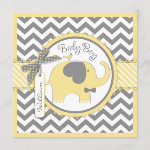 Yellow Elephant Bow-tie Chevron Print Baby Shower Invitation