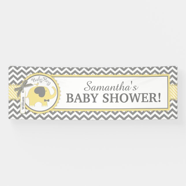 Yellow Elephant Boy Chevron Baby Shower Banner (Horizontal)