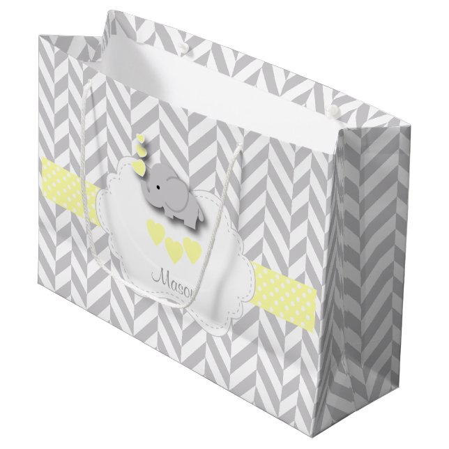 Yellow Elephant Design - Baby Boy Shower Large Gift Bag (Front Angled)
